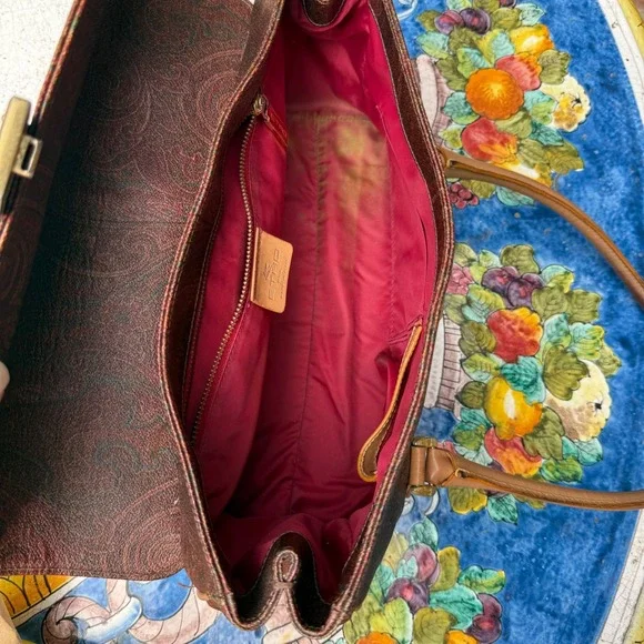 ETRO Milano‎ Vintage Paisley Print Leather Handbag Top Handle Satchel Bag